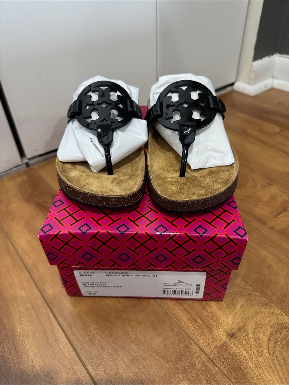 Tory Burch Black Logo Thong Sandals with Natural Footbed